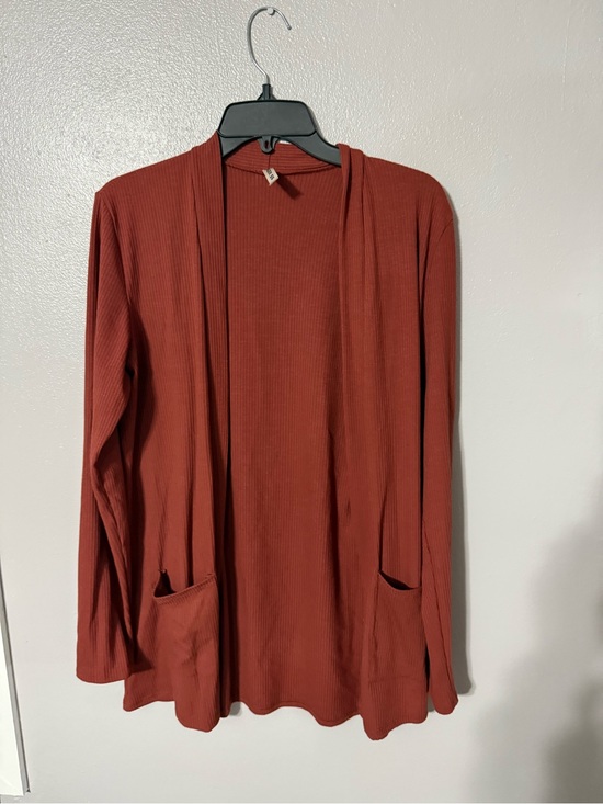 Sweaters - Women's Open Front Ribbed Cardigan Sweater - Rust